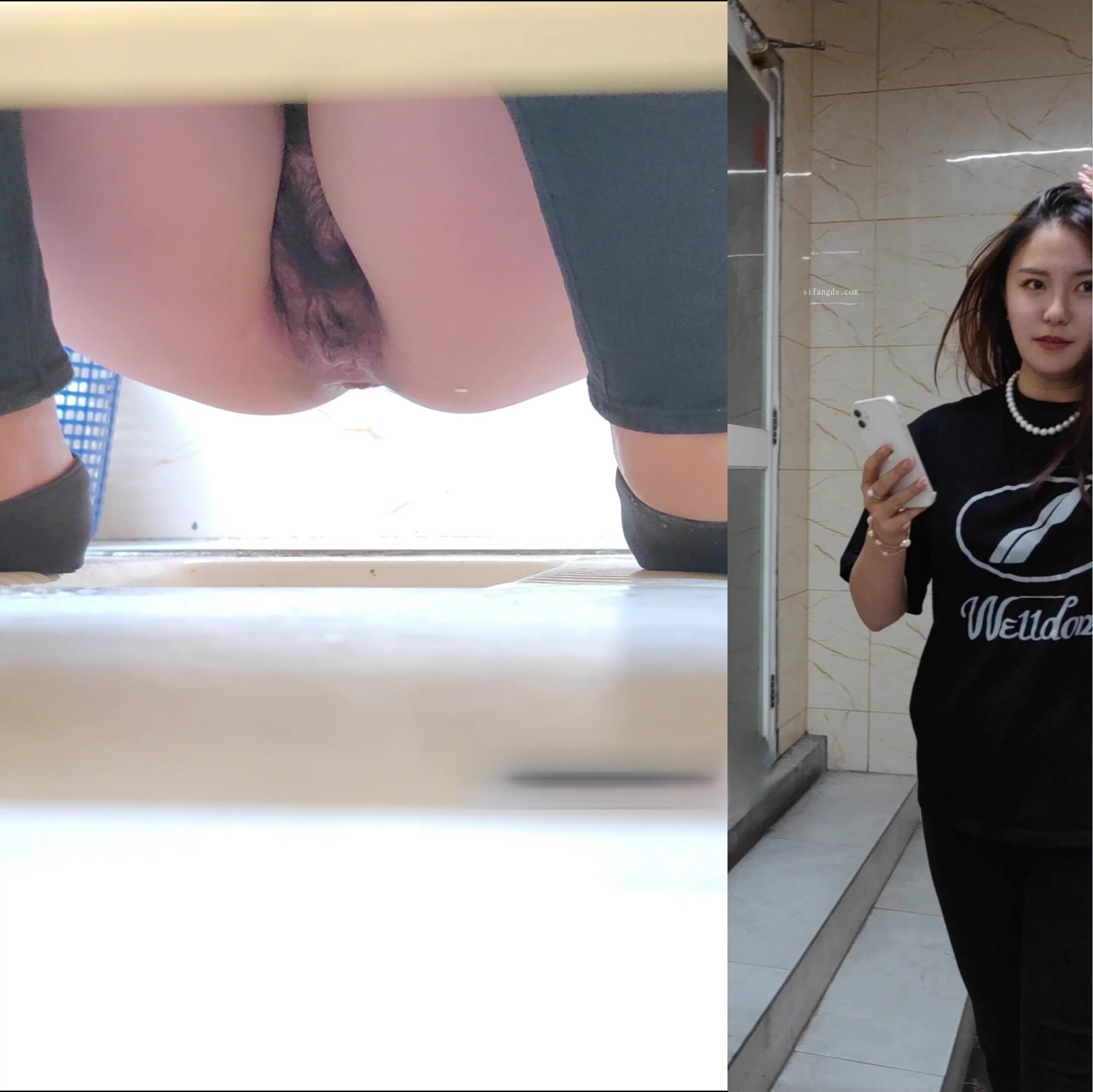 商場女廁全景偷拍黑衣少婦肥美的大鮑魚細細的擦拭著小穴