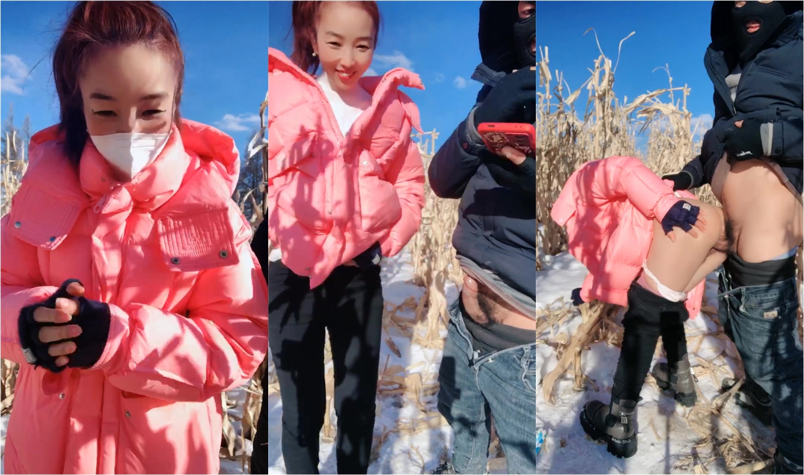 劇情演繹：皚皚白雪，藍天白雲，陽光明媚，少婦與炮友在玉米地裡激情啪啪，艹出白漿，口爆吐精液！