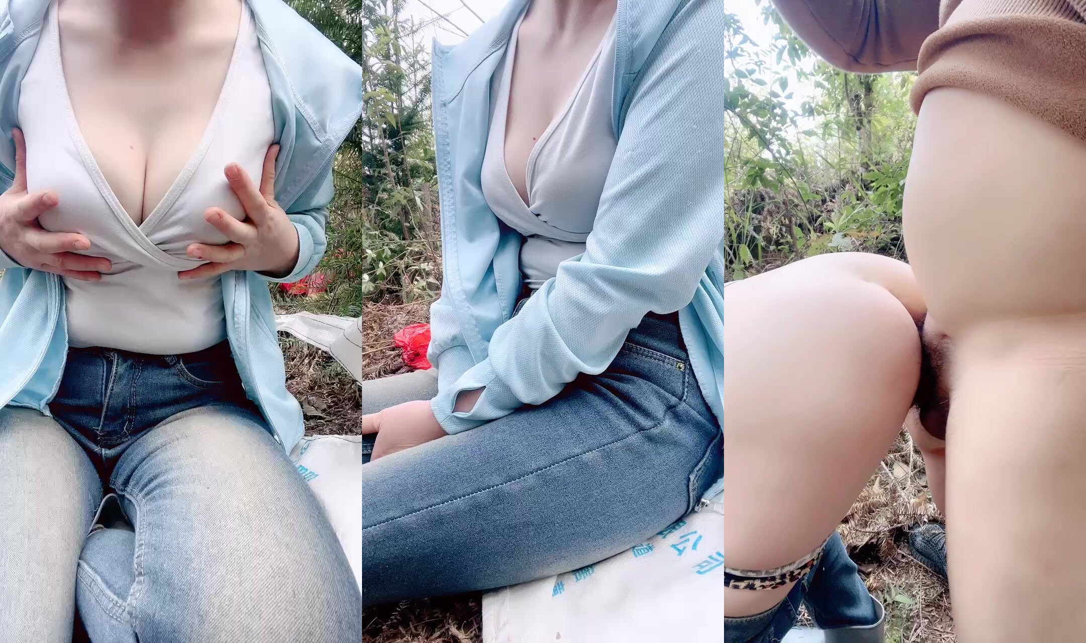劇情演繹：粉嫩雪白的奶子，小騷貨戶外叢林中與炮友激情啪啪啪，站立著無套後入操逼內射！