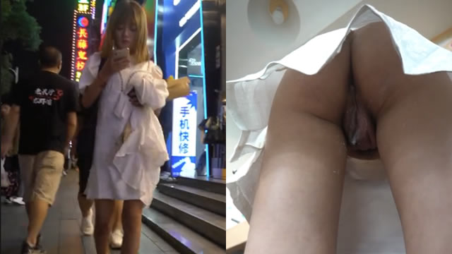 炸裂，夜市跟拍抄底白色連衣裙美女小姐姐，表裡不一居然真空逛街，鮑魚簡直太肥了