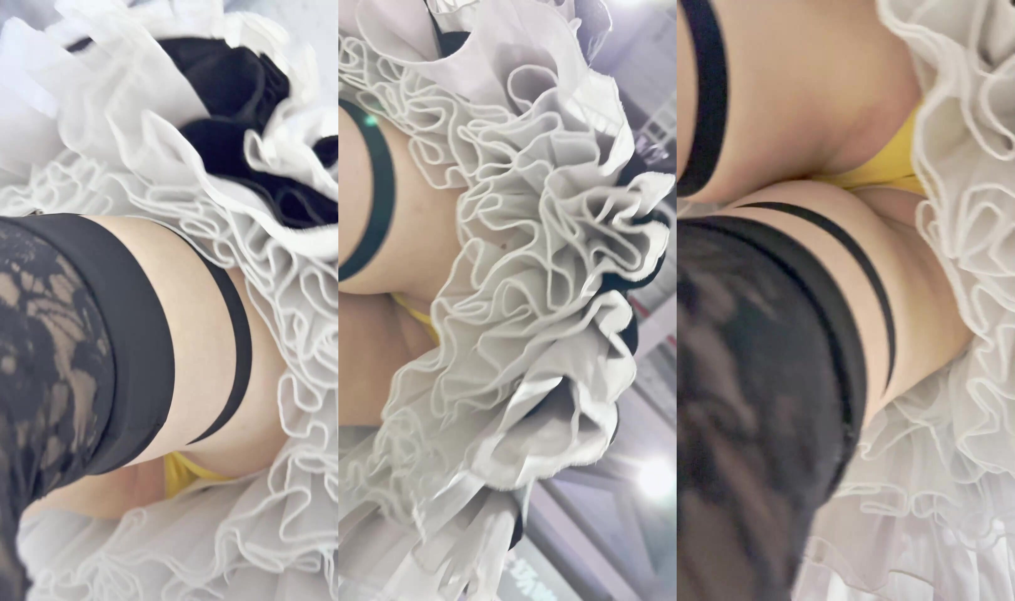 【KFC】女僕COSER獨自逛街拍照。黑絲襪黃色窄內前後CD4.27