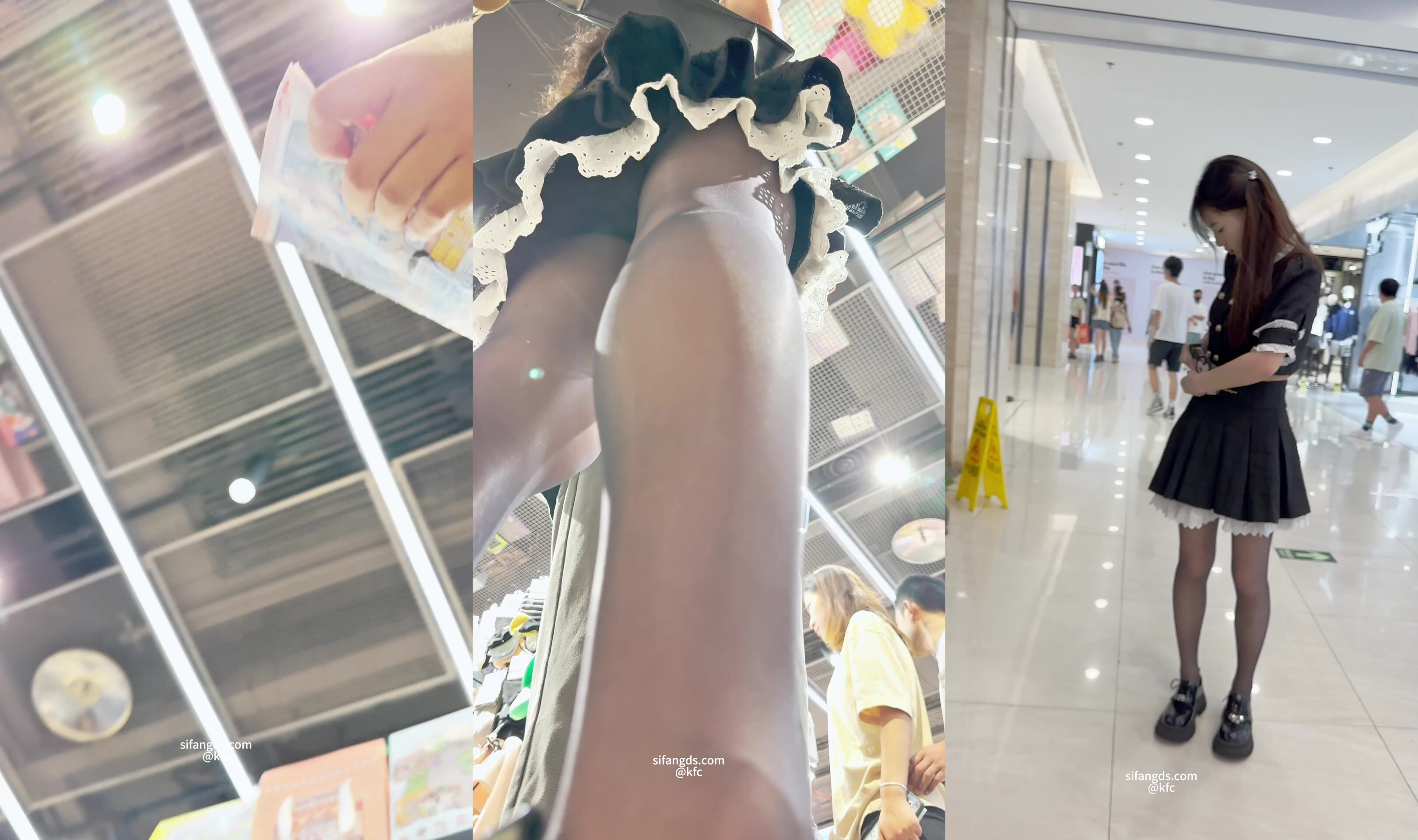 【 KFC-1153 】短裙學生妹和男友逛街。黑色絲襪白內前後低角度CD