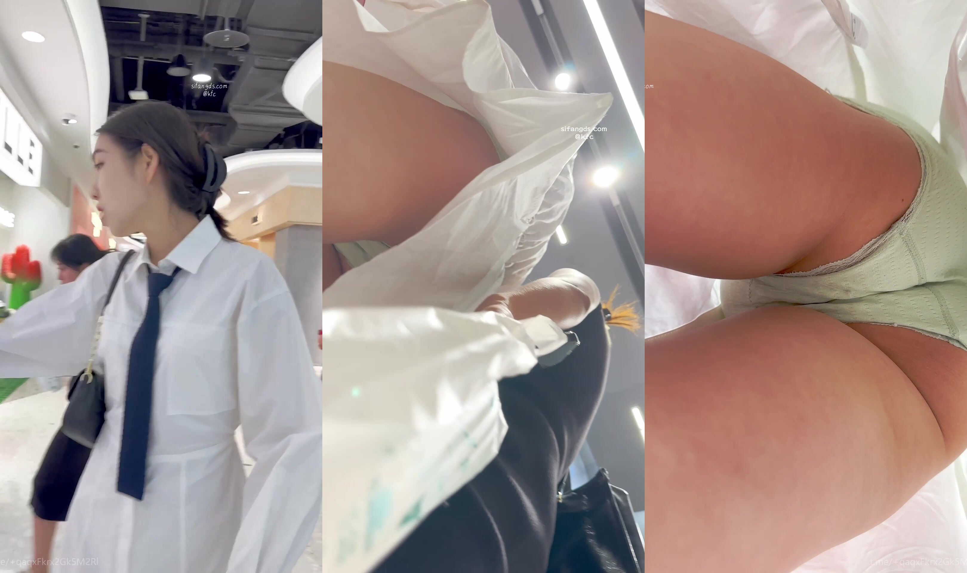 【KFC】靚女帶著女助理逛街·身材高挑淡綠色內內上下通透