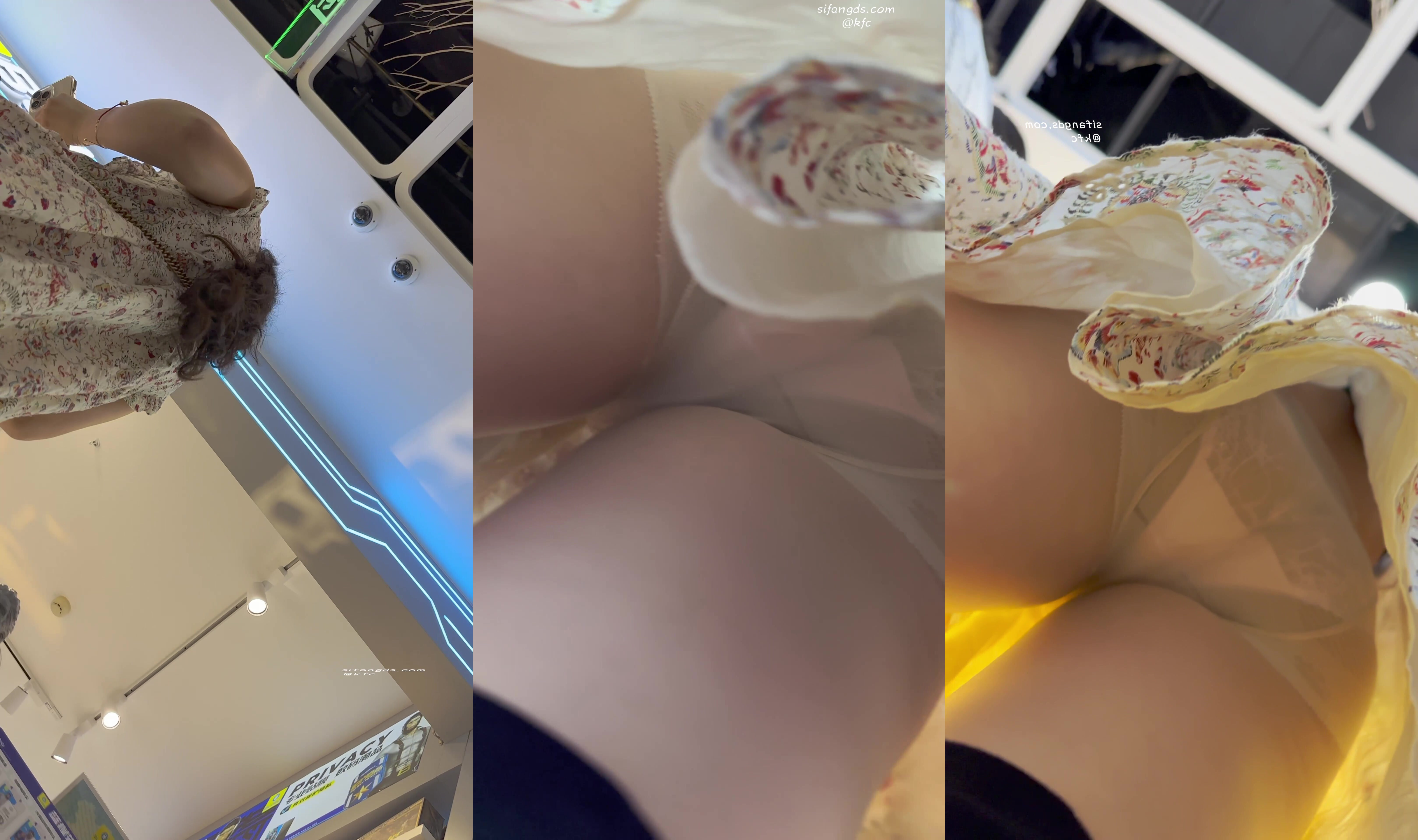 【KFC】碎花裙靚女獨自逛街買小吃·肉色絲襪透明內上下通透