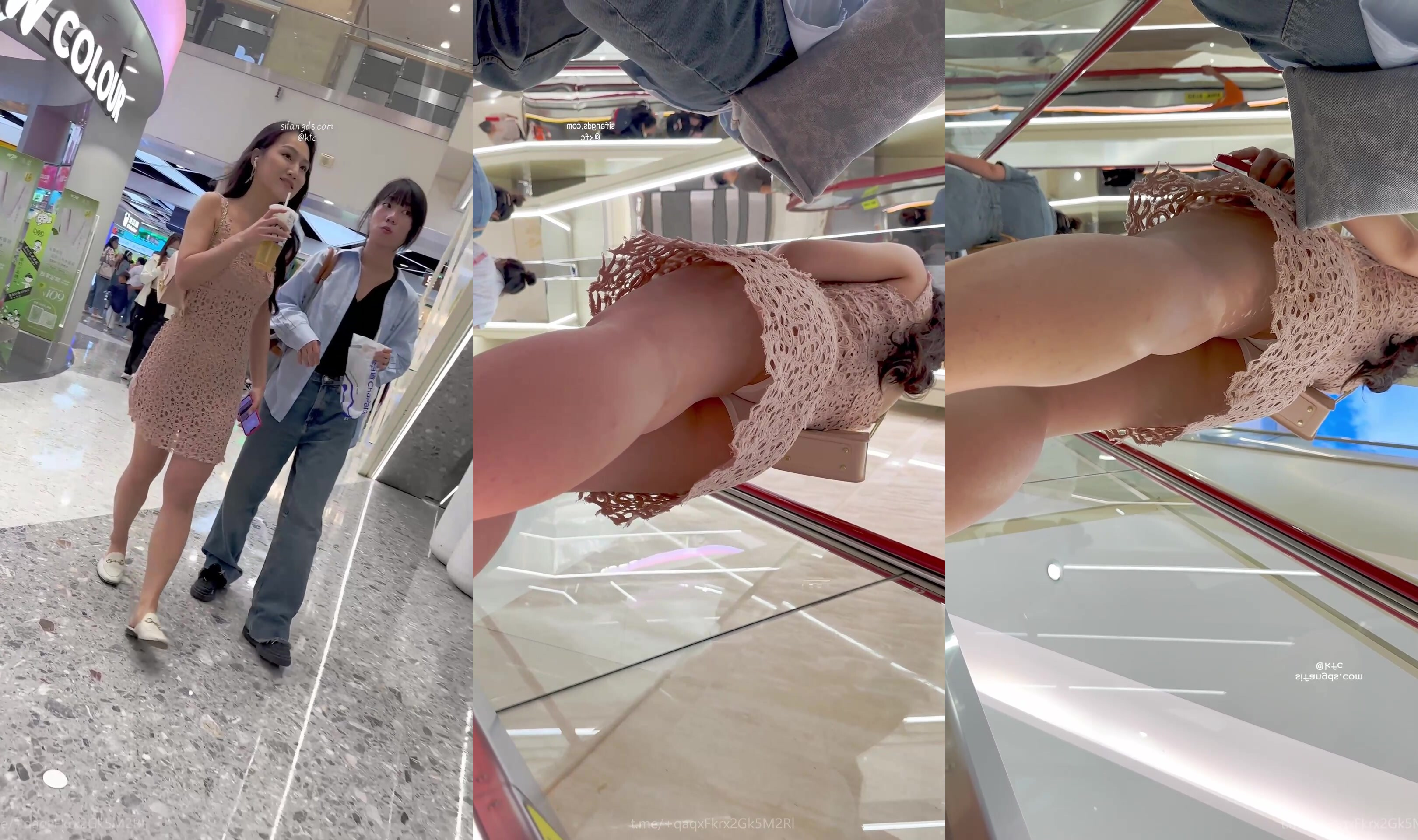 【KFC】鏤空裙少婦逛街買奶茶。白色內內低角度前後CD