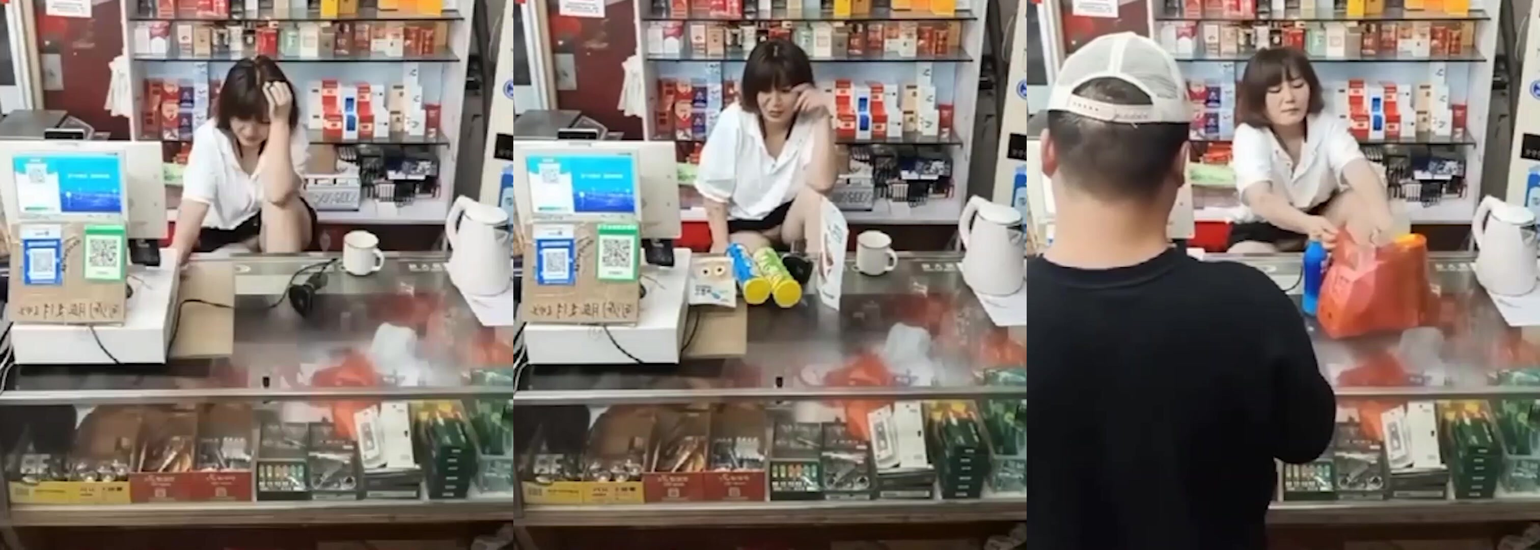 菸酒店熟女老闆娘 故意露逼勾引顧客 陰毛戶型清晰可見 這生意何愁不爆？