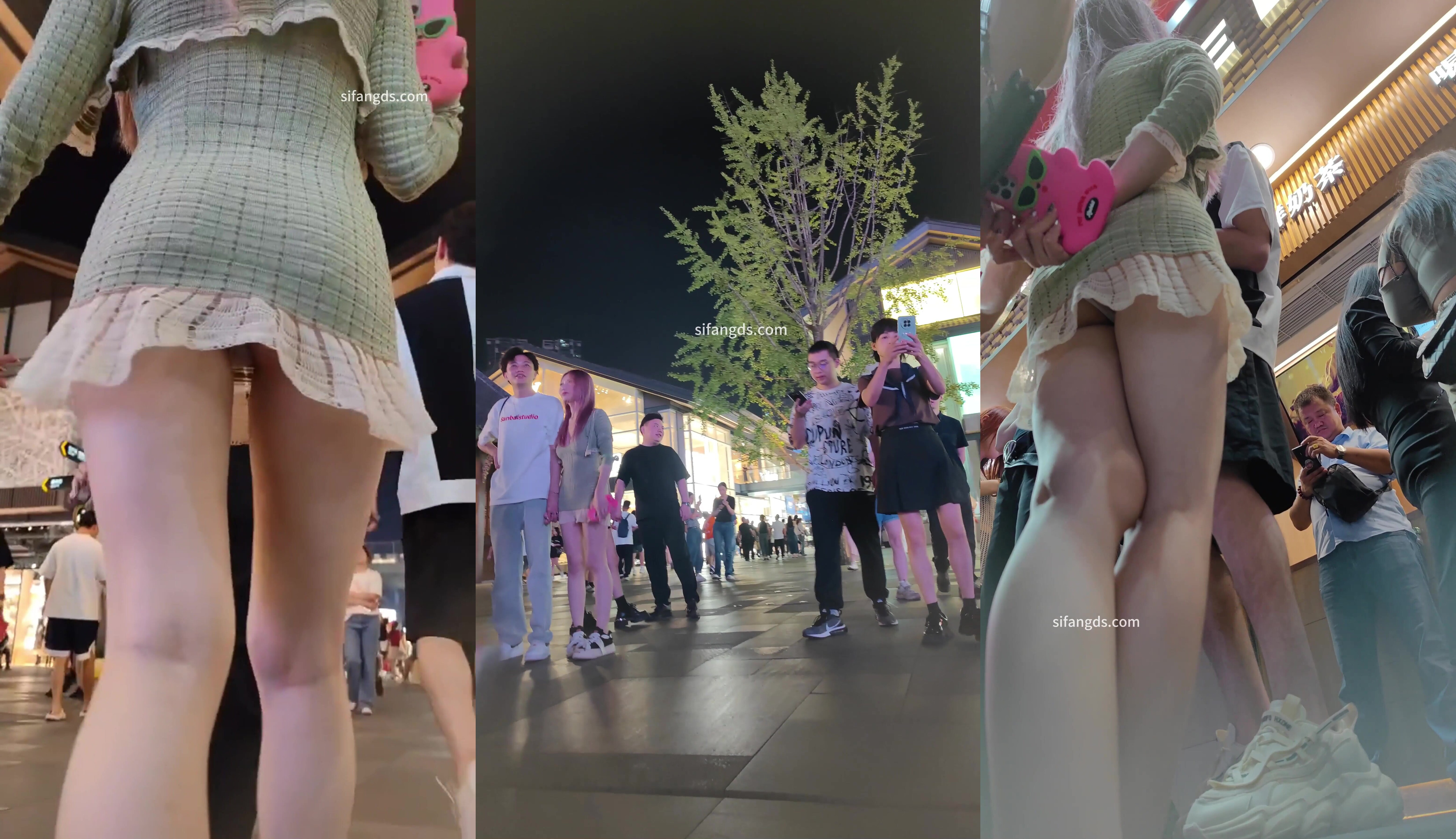 大神晚上步行街尾隨CD偷拍綠色包臀裙美女和男友逛街，白色窄內露毛
