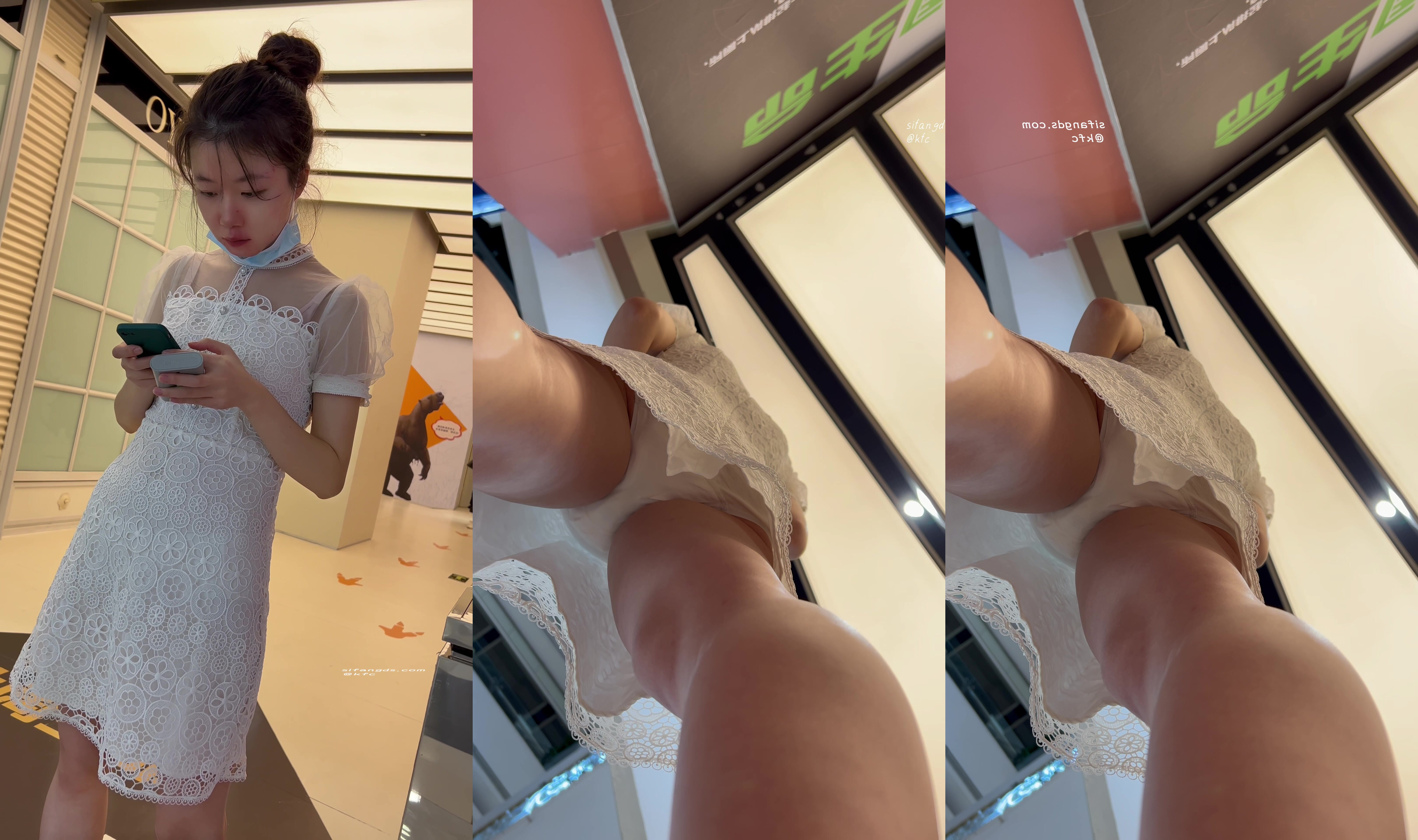 【KFC】長裙學生妹商店門口玩手機人流量很大直接兩腿中間CD