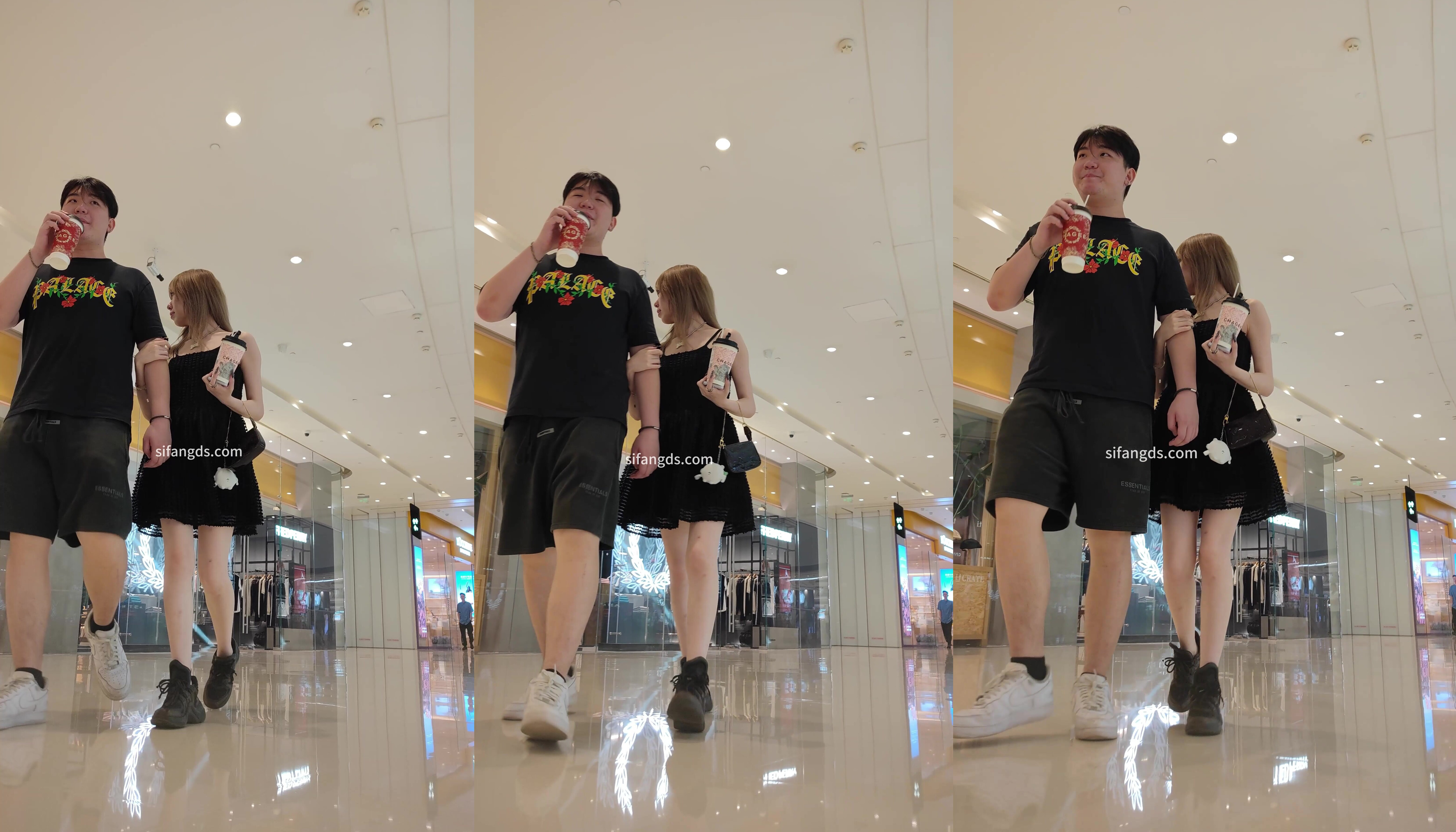 商場抄底黑色連衣裙小姐姐白色蕾絲透明內