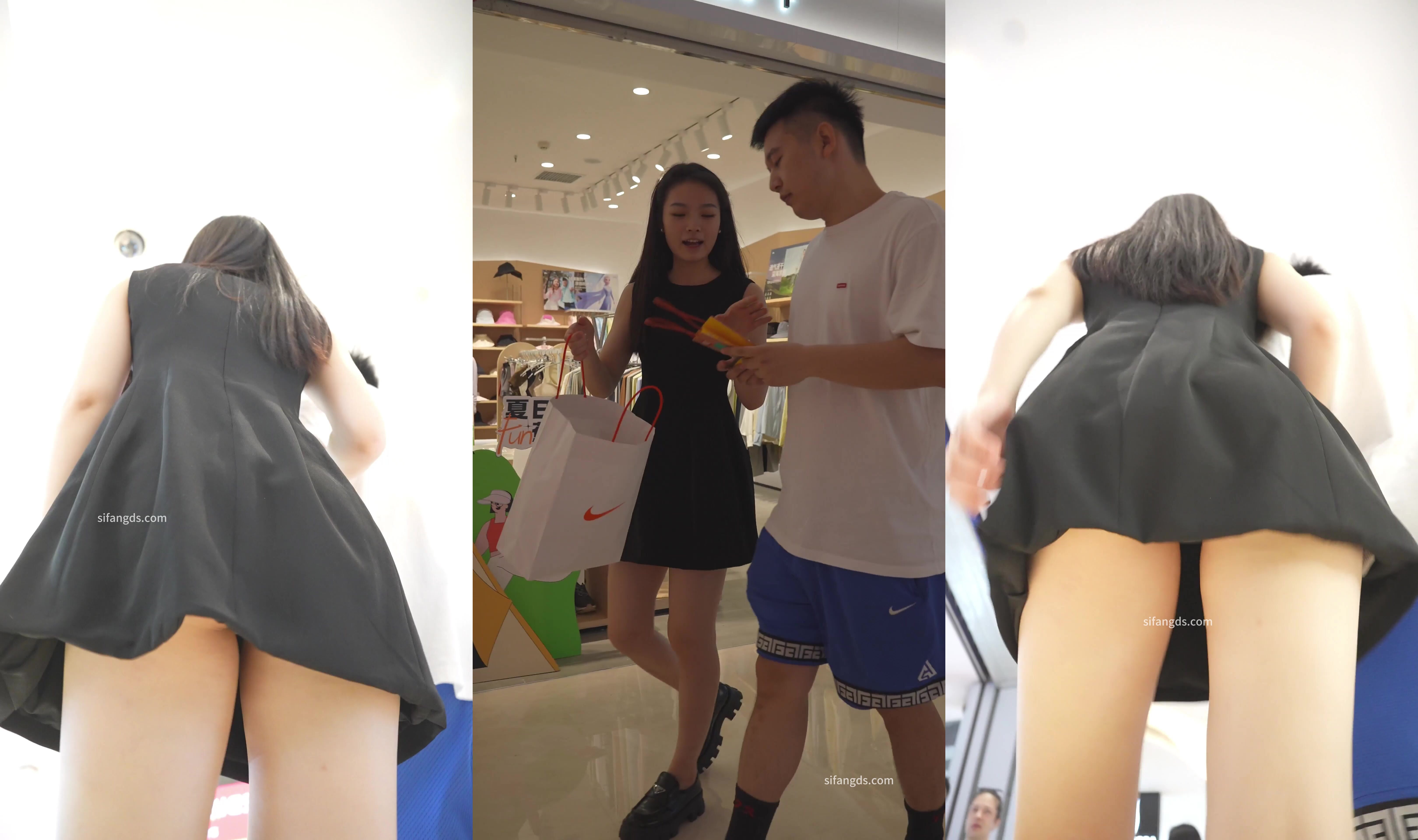 寬鬆黑裙美女逛街無痕窄內靠欄桿被前後CD