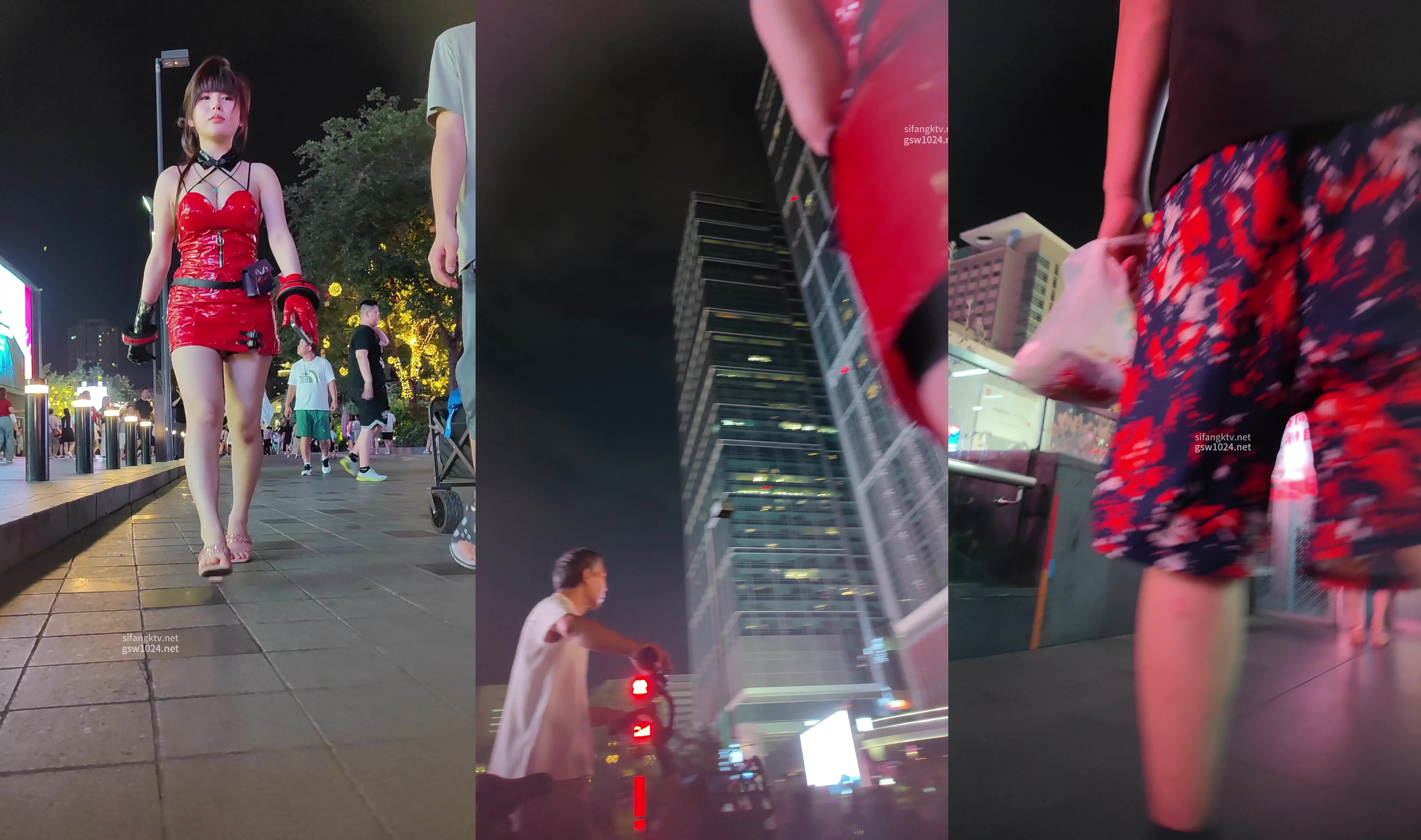 【KXCD】202紅色皮裙騷貨網紅街拍一群攝影師拍，灰色內內