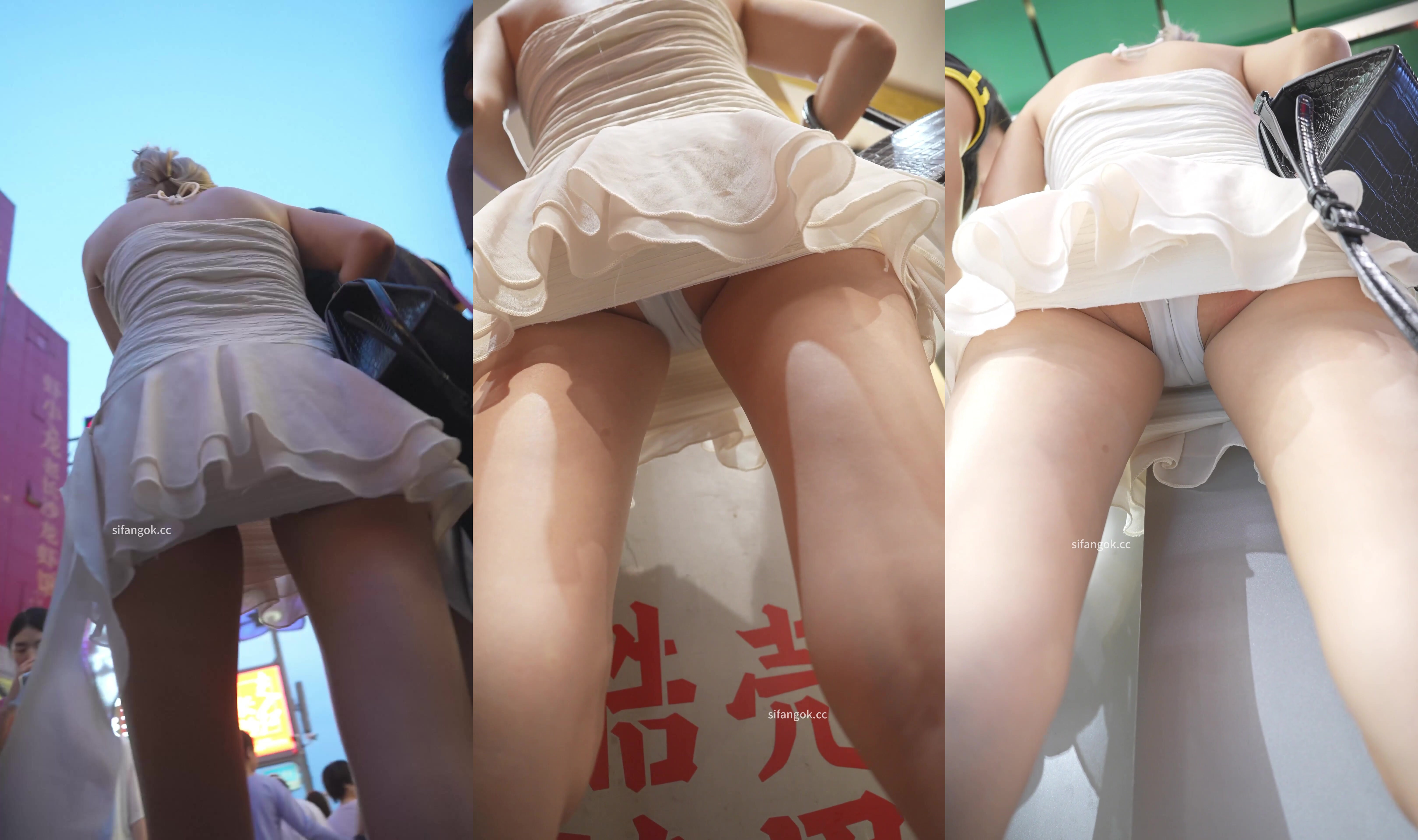 【banana cat系列】吊帶包臀裙小妹逛街吃飯被抄底內褲勒出明顯逼痕跡吃完飯之後上廁所再次抄底發現內褲尿濕了