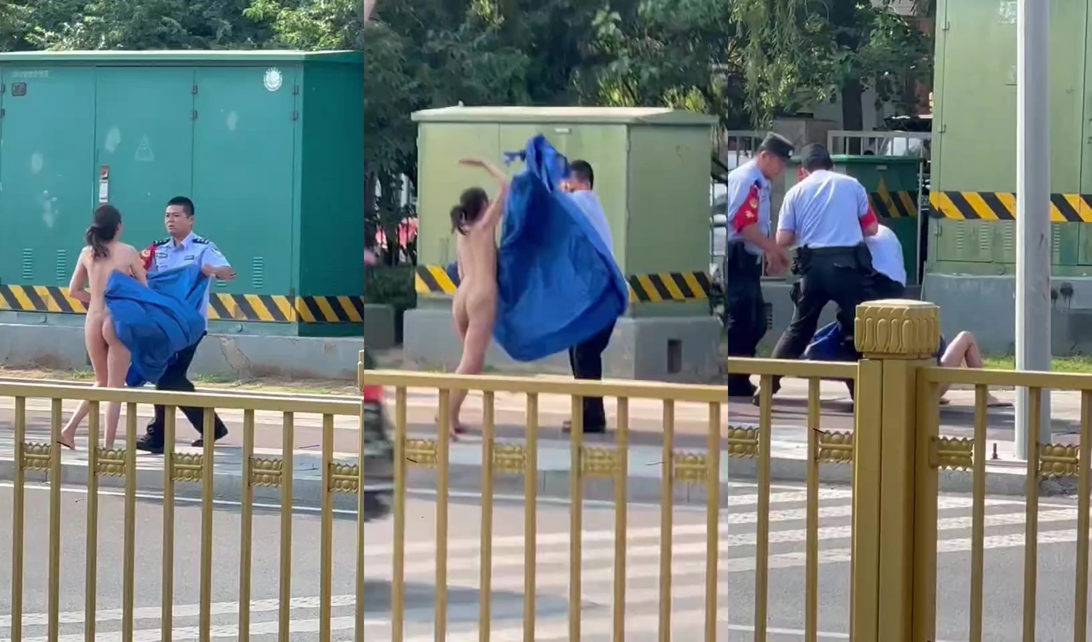吃瓜小仙女街道上裸奔，快穿上衣服 騷女人！不願穿衣還意圖毆打民警！