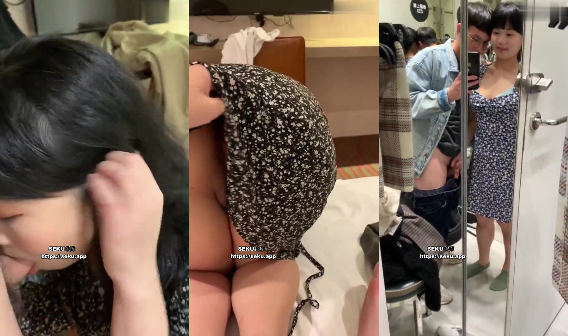 屌炸天！年輕小情侶尋求刺激，在喧囂的商場試衣間對著鏡子邊拍邊肏全程露臉，對話淫蕩~1