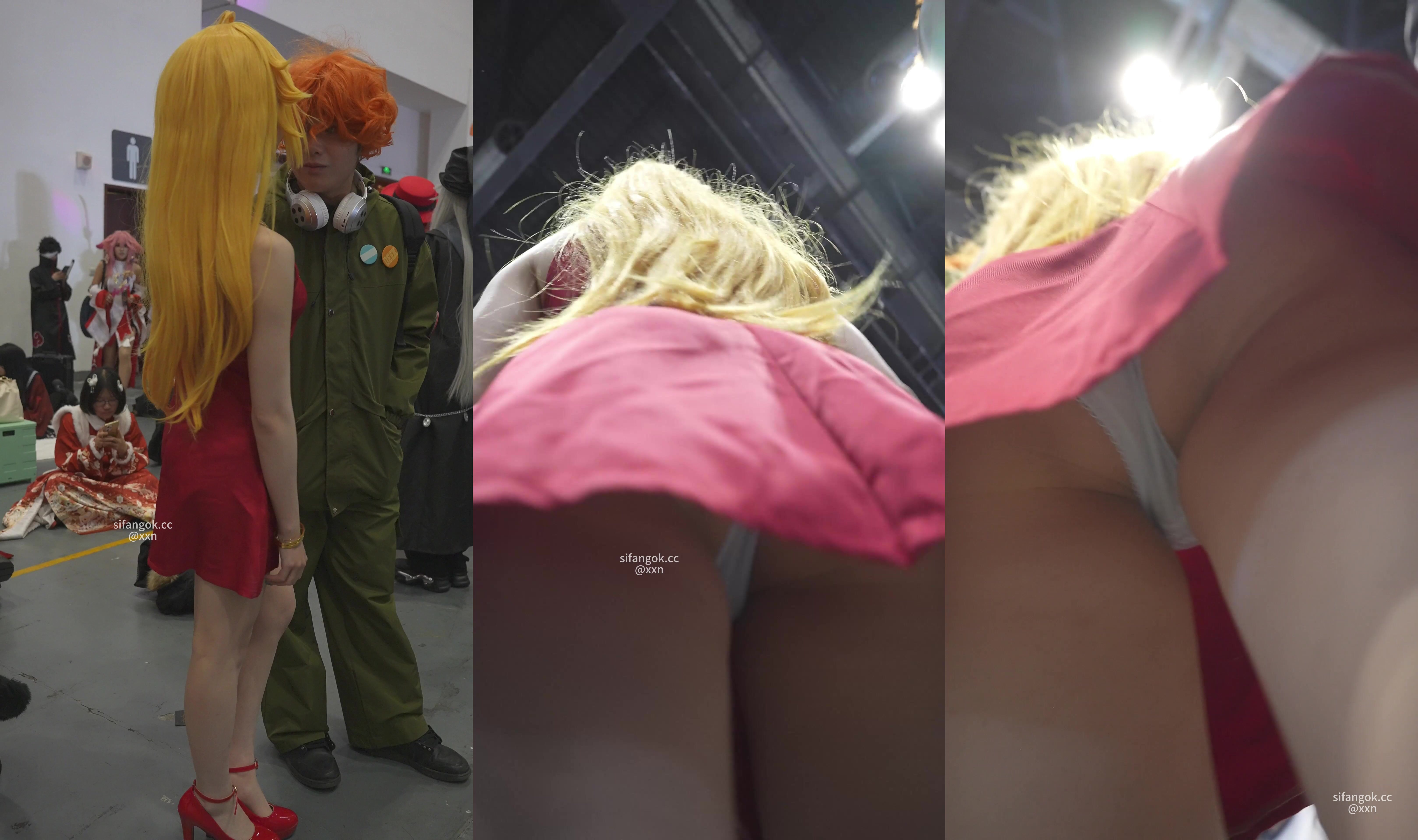 【XXN-360】金髮吊帶紅裙cos美女翹臀微透蕾絲內被攝影圍拍