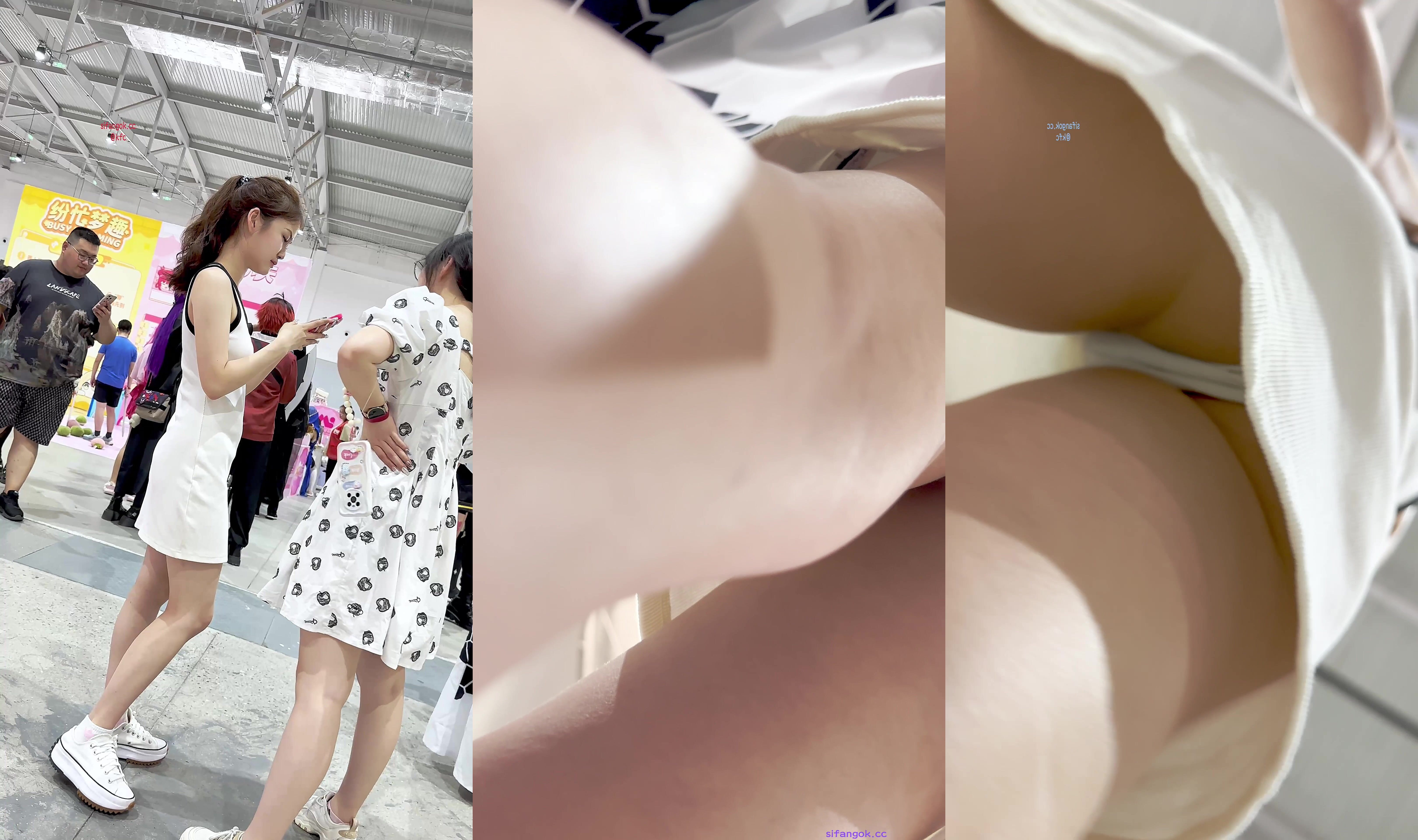 【KFC】吊帶長裙美女和閨蜜逛街白色微透內內前後CD