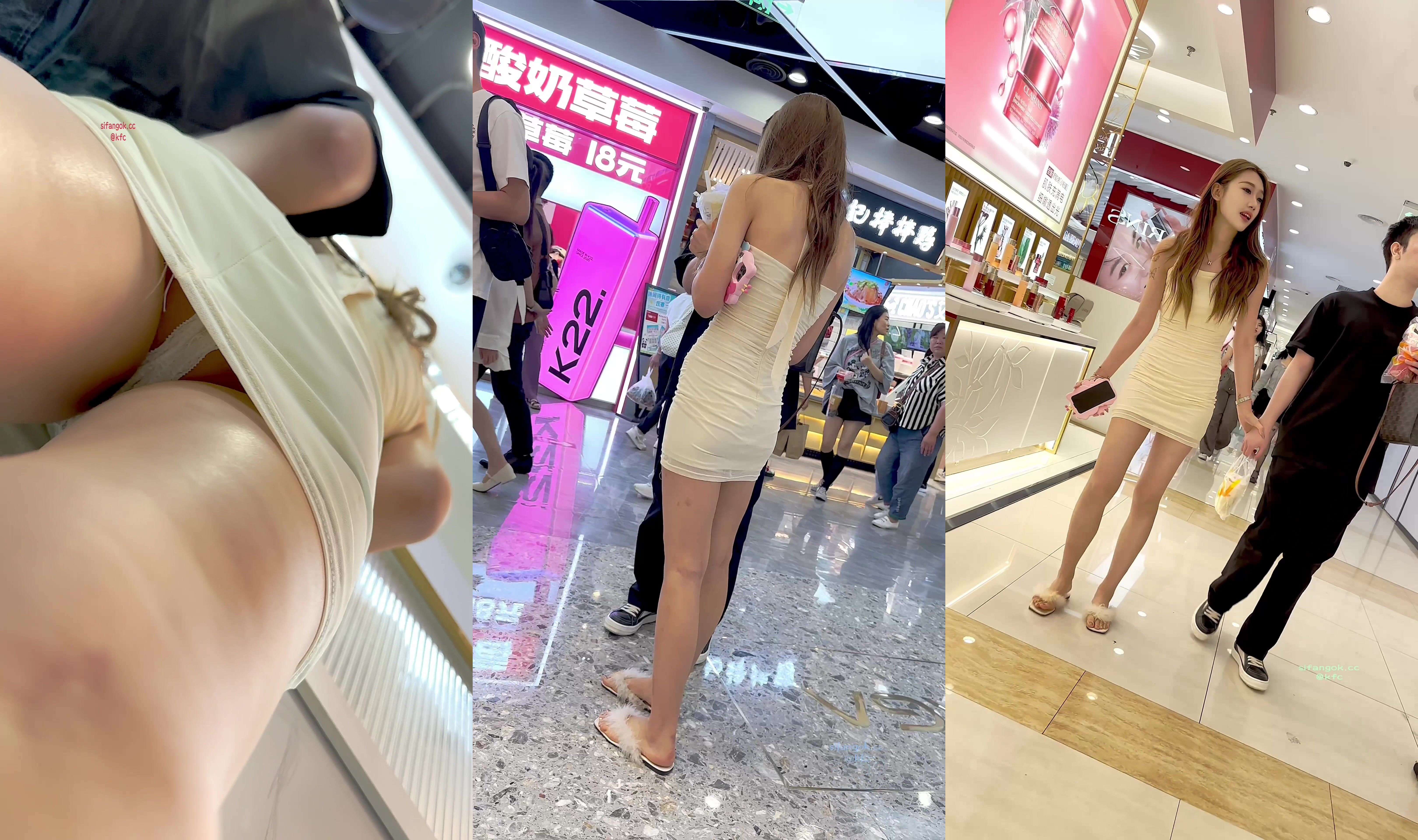 【KFC】裹胸包臀裙美女和男友甜蜜逛街蕾絲半透騷內尿黃了