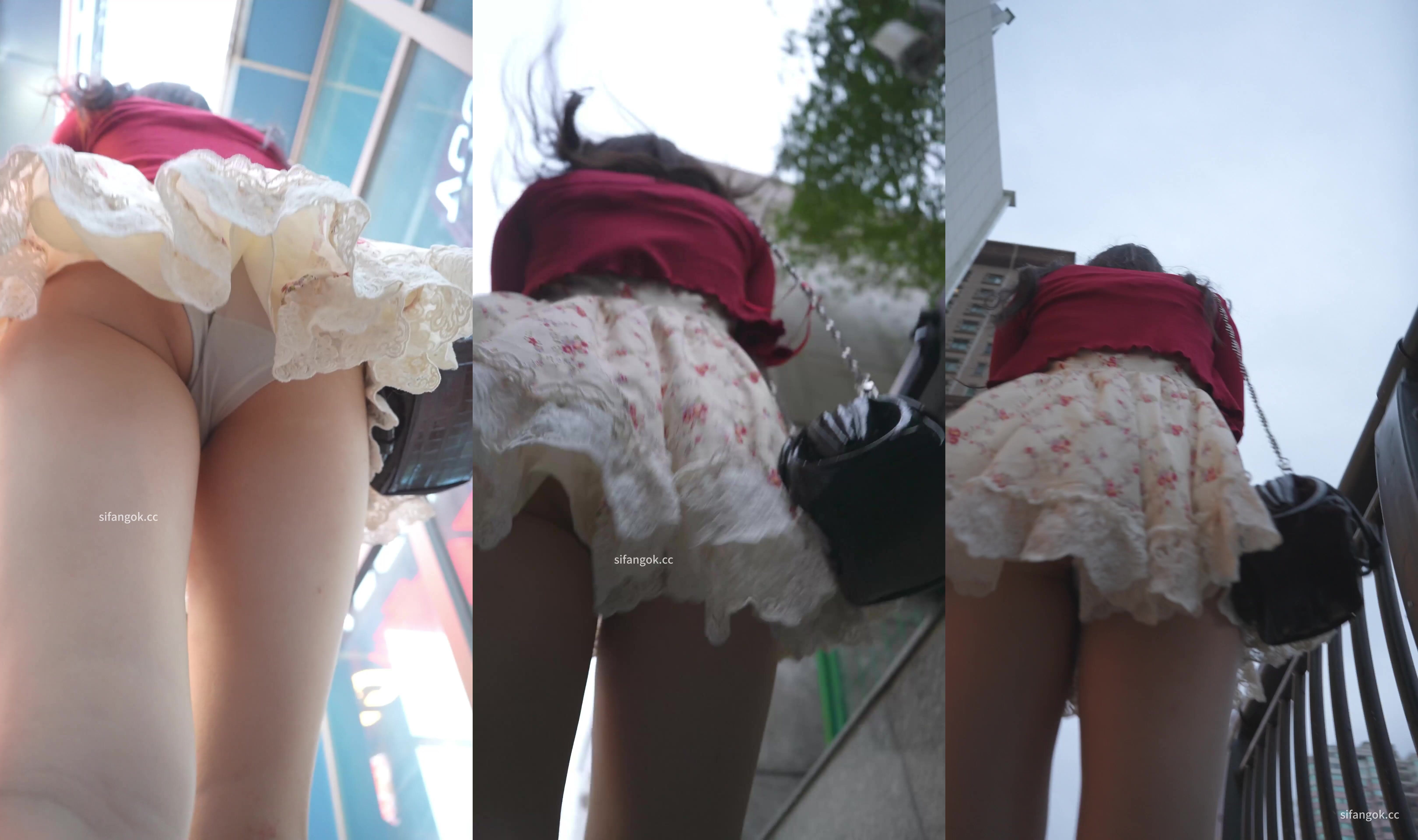 【banana cat系列】超短蕾絲花裙小姐姐逛街裙襬被吹起內褲大面積露出正面微透黑森林