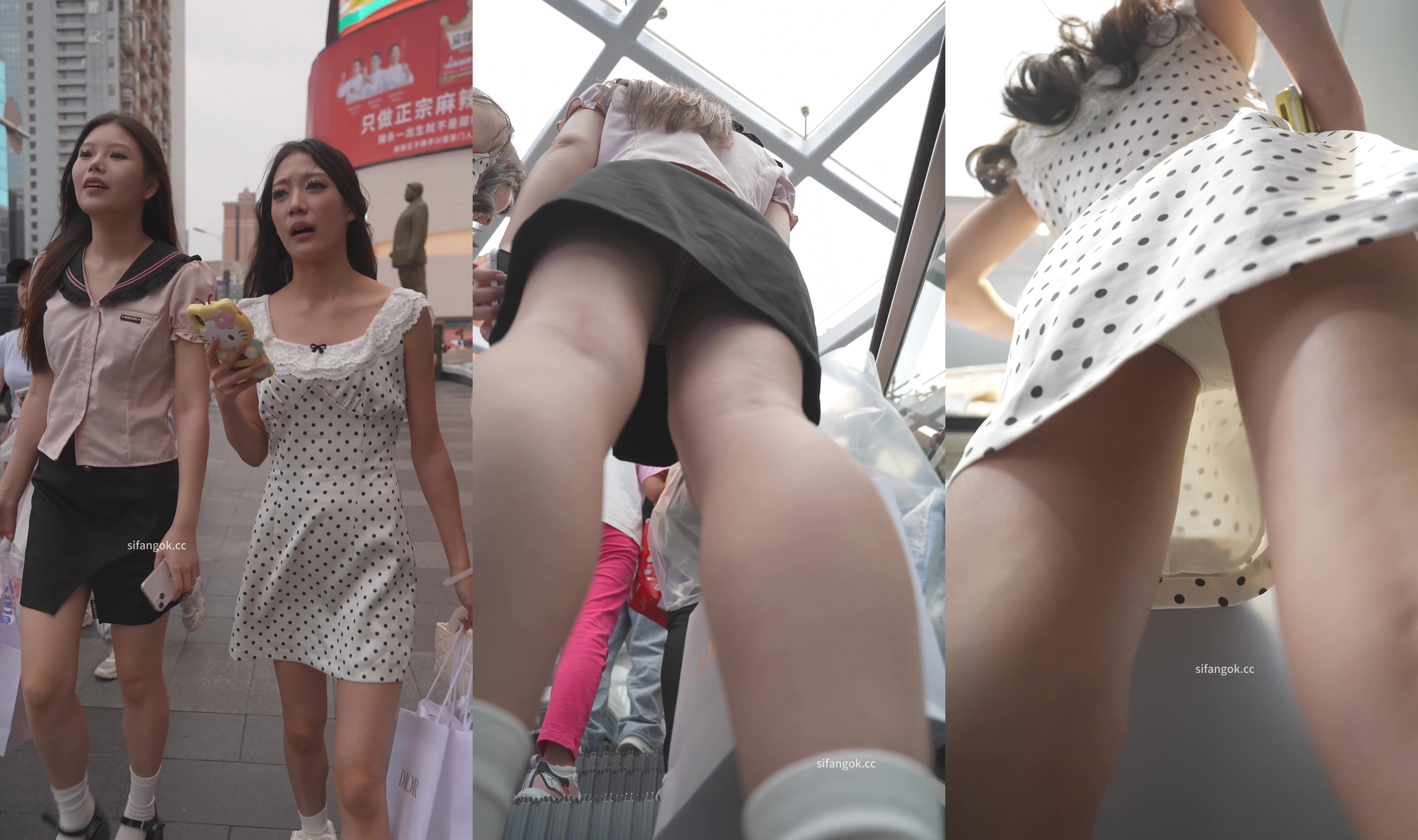 一箭雙鵰兩位小姐姐黑裙美女粉色條紋內 斑點裙美女白內