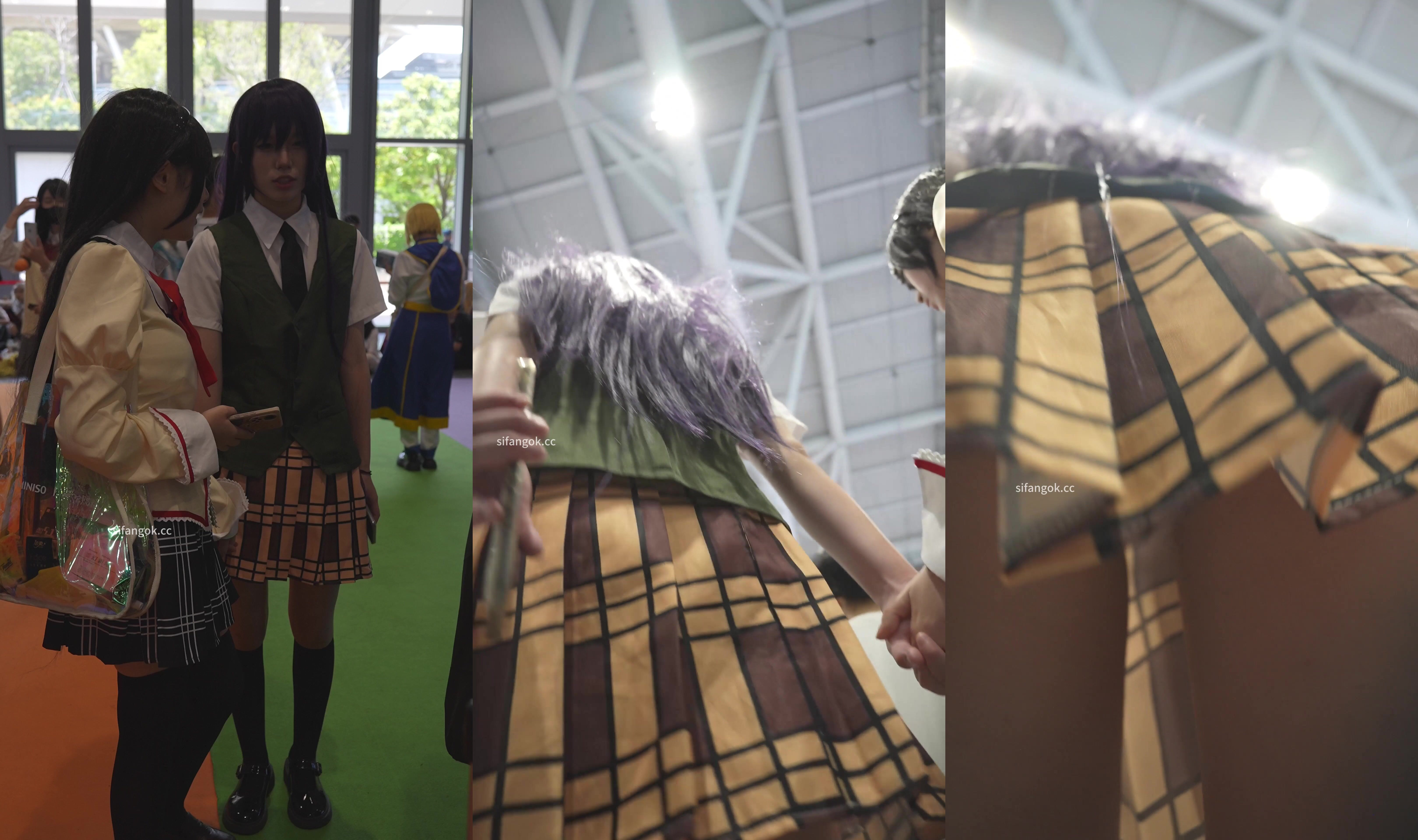 漫展現場一箭雙鵰抄底兩位JK制服COS小姐姐花紋粉內 白窄內