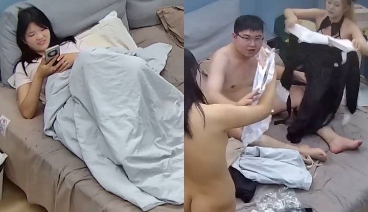 酒店偷拍實錄～眼鏡男酒店雙飛兩美女，情趣內衣激情啪啪！